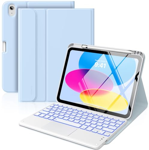 MoKo Custodia con Tastiera Multi-touch per iPad (A16) 11a Gen 11 Pollici 2025, Custodia per iPad 10a Gen 10,9 con Portapenne, Tastiera Bluetooth Staccabile Retroilluminata a 7 Colori, Cielo Blu