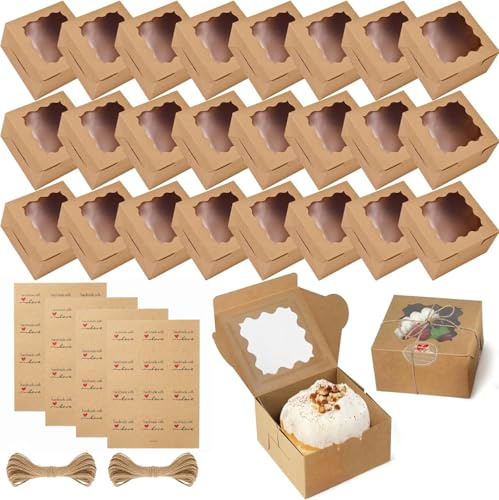 24 Stück Bäckerei Boxen mit Fenster, Papierkuchenboxen, Braune Cupcake-Boxen, Cupcake Box Kraftpapier Karton, 10 X 10 X 6.5 cm Muffin Box mit Sichtfenster