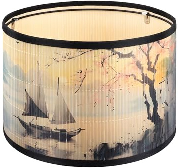 Bamboo Lampshade Drum Shape with Floral Print - Easy Click Closure for Table Lamp, Bedroom & Living Room - Medium (Diameter 30 cm) (Type C)