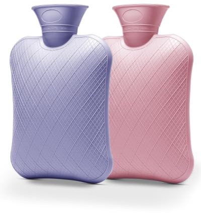 FORICOM 2-Pack 2L Hot Water Bottles, Hot & Cold Therapy Bags for Pain | 2L bottles in pink and purple, BPA-free 2.2mm PVC with a wide mouth for easy filling and lasting warmth indoors or outdoors.