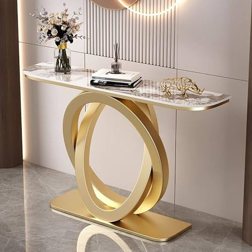 Console Demi-Lune Dorée pour Entrée et Couloir,Table d’Entrée Moderne en Pierre Frittée,Table Derrière Canapé avec Cadre Métallique Géométrique Style Industriel,Meuble Décoratif(Gold B,L100CM/39IN)
