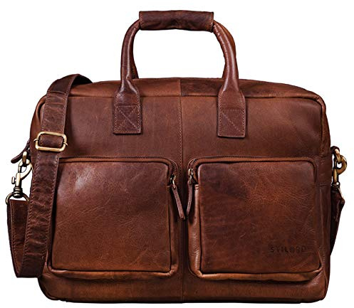 STILORD Henri Bürotasche Leder 15,6 Zoll Vintage Laptop Aktentasche Businesstasche Umhängetasche Lehrertasche Büffelleder Farbe:Cognac - Dunkelbraun