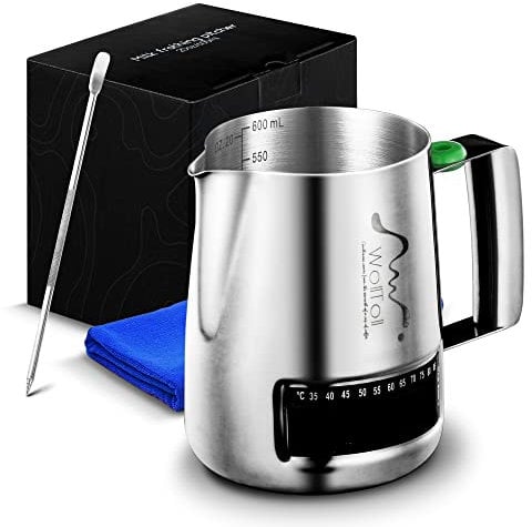 Stainless Steel Milk Frothing Pitcher with Thermometer, 20oz/600ml Milk Coffee Cappuccino Latte Art Frothing Pitcher Barista Milk Jug Cup, Measurements on Both Sides Include Art Pen & Cloth