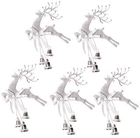 Amosfun 5pcs Christbaumschmuck Rentier Figur mit Jingle Bell Weihnachtsbaum hängenden Dekorationen für Urlaubsparty Ornamente Silber