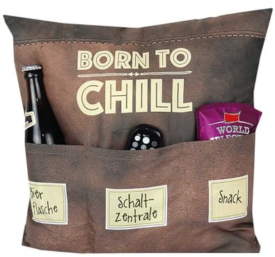 KAMACA Originelles Dekokissen Kissen mit 3 Taschen zum selber Befüllen Größe 43x43 cm tolles Geschenk für EIN gelungenen Sofaabend Filmabend (Born to chill)