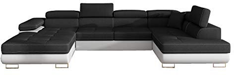 Ecksofa mit Schlaffunktion mit Bettkasten Couch U-Form Polstergarnitur Wohnlandschaft Polstersofa mit Ottomane Couchgranitur - Gonzalo U (Schwarz+Weiß (Sawana 14+Soft 17), Ecksofa Rechts)