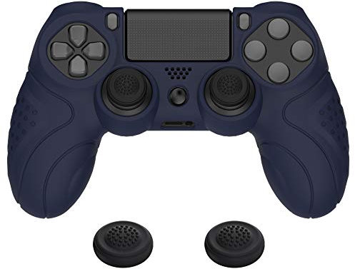 PlayVital Hülle für ps4 Controller,Case Zubehör Anti-Rutsche Schutzhülle Hülle Griffe Skin,2 Stück Stick Kappen für Playstation 4 Slim Pro Controller(Guardian Edition,Mitternachtsblau)