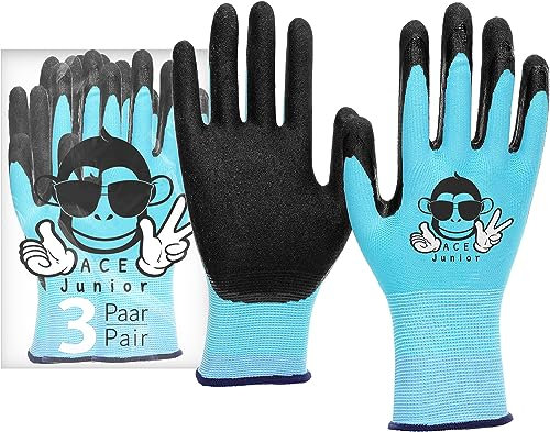 ACE Junior Arbeits-Handschuh für Kinder - 3 Paar Schutz-Handschuhe für die Garten-Arbeit - Blau - 9-10 Jahre (3er Pack)