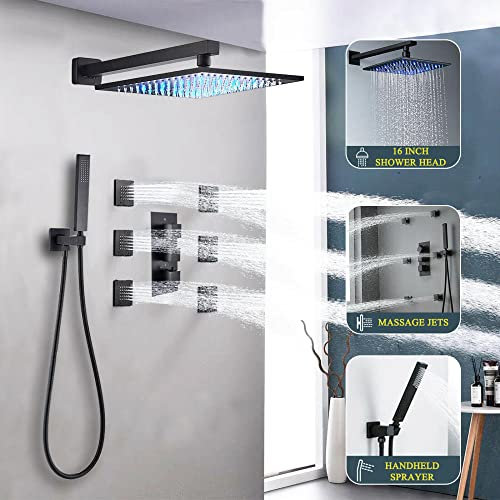Wieoc Kit combiné de robinet de douche à effet pluie à LED noir mat Jets de massage pour le corps Système de douche Blender-10 pouces