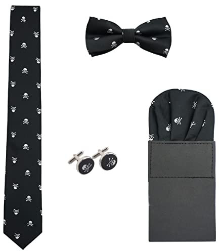 WANYING Herren 6cm Krawatte & Gebundene Fliege & Einstecktuch & Manschettenknöpfe 4 in 1 Set Yuppie Trendmode Casual Cool - Totenkopf Pattern Schwarz