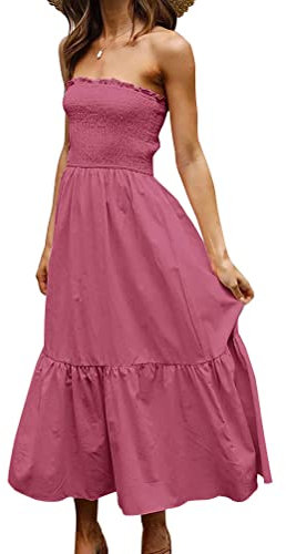 Onsoyours Robe Longue Femme Ete sans Bretelles Élégante Imprimée Robe de Plage Rétro Casual Soiree Longue Fluide Robe avec Poches D Rose Foncé XL