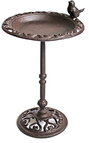 Spetebo Wassertränke Vogel antik braun aus Gusseisen - 39 cm - Vogelbad mit Standfuß - Wasser Bad Tränke Garten Deko