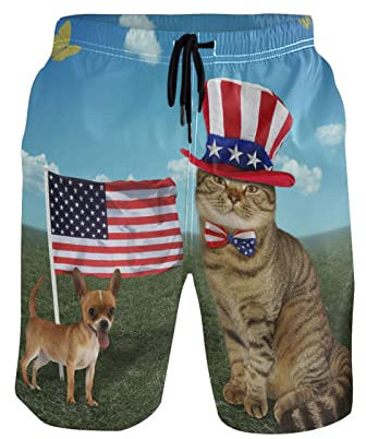 Herren Strandshorts USA Amerikanische Flagge Tier Hund Katze Badehose S Board Shorts mit Netzfutter Badeanzüge, multi, XL-XXL