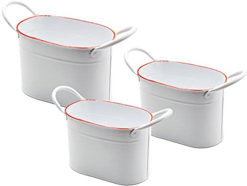 Blümelhuber 3er Set Emaille Look Blech Blumenkasten Gefäße, Zimmerpflanzen Übertopf oder Outdoor Deko Haustür Draußen (weiß)