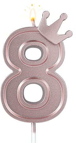 AIEX 3inch Birthday Number Candle, 3D Candle Cake Topper with Crown Cake Numeral Candles Number Candles for Birthday Anniversary Parties (Rose Gold; 8)