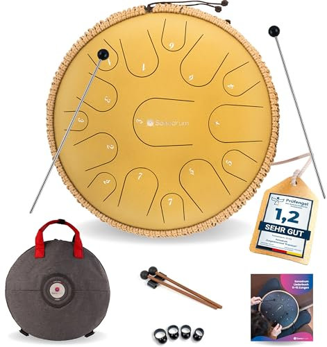 Sonodrum Zungentrommel Premium C - Dur in Gold - 35 cm groß mit 15 Tönen - Steel Tongue Drum inkl. Liederbuch, Schlägel, Fingersticks und Tragetasche - Notenlesen nicht nötig, einfach zu spielen.