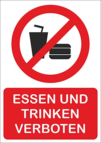 Indigos UG - Schild Essen und Trinken verboten - 148,5 mm x 210 mm - Hotel, Firma, Schutz, Kita, Arzt, Praxis - Sicherheit - Warnung - Aluverbundplatte 3mm - Hinweisschild - Warnschild