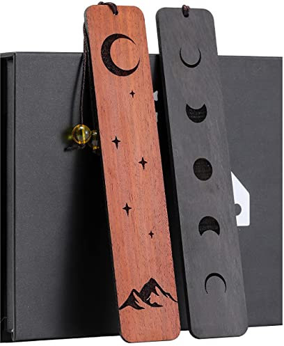 Lesezeichen, HOMEMARS Berg Mond Lesezeichen Holz, 2 Stück Bookmark Set, Handgefertigtes Hölzernes Lesezeichen, Geschenkbox Set, Geschenke für Männer Geburtstag, Weihnachtsgeschenke, Lehrer Geschenk