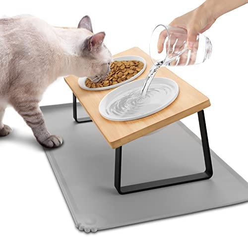 Lannvan Gamelle Chat Surélevée - Bol Ergonomique en Céramique avec Tapis Lavable pour Chat et Chien - 350ml par Bol