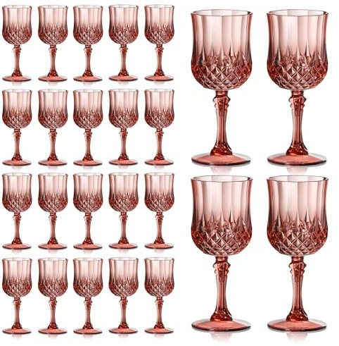 XUWAIDSGN 7oz Plastic Vintage Rose Gold Drinking Glasses Pink Wine Glasses Unbreakable Wedding Glassware Crystal Water Goblets Reusable Drinkware Vintage Champagne Flutes (24, Rose Gold)