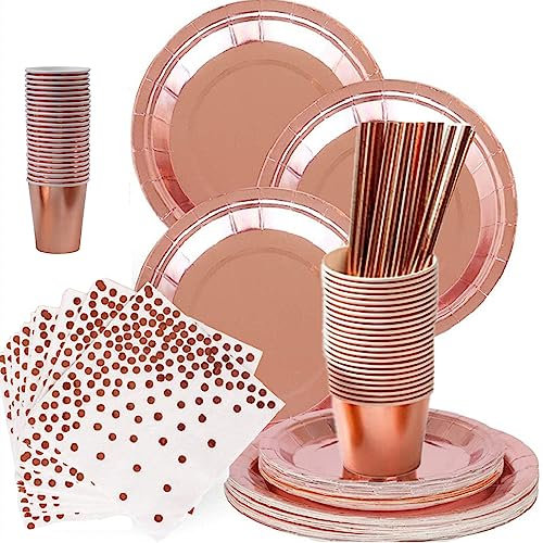 96pcs Rose Gold Foil Dots Paper Tableware, 24 Guest Party Dinnerware Set Party Tableware Set Party Supplies Disposable Party Paper Cups Plates Napkins Straws for Birthday Weddings Anniversary Decor
