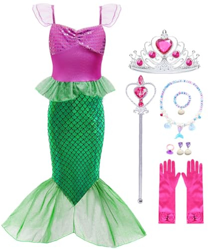 LiUiMiY Ragazze Principessa Sirenetta Ariel Costume Vestito Bambina Sirena con Accessori Compleanno Carnevale Natale, 6-7 Anni (Etichetta 140)