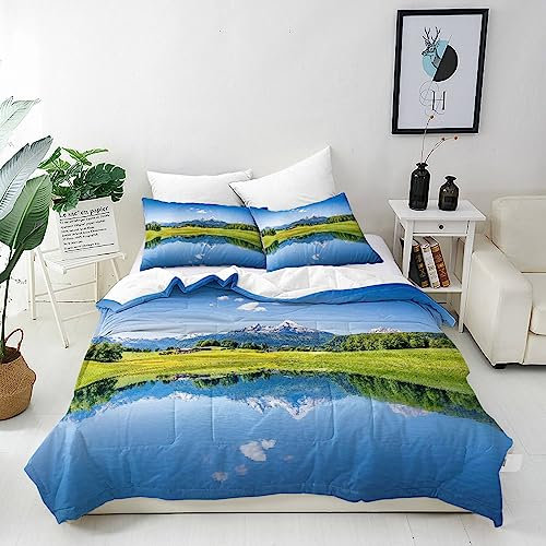 ANHOPE Natur Berg Wald See Landschaft Bettwäsche Set 3 Teilig Weich Bettbezug 135x200 cm & 2 Kissenbezug 50x70 cm Microfaser Bettbezüge Set mit Reißverschluss Ganzjahres Bettdeckenbezug Set