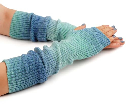 F Flammi Flammi Kaschmir-Mischung Armwärmer Winter Fingerlose Handschuhe Strick Fäustlinge Handschuhe Handgelenkwärmer mit Daumenloch für Frauen, Batikfärbung-Hellblau (42cm), Medium