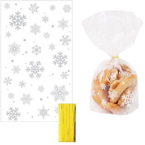 COLOFALLA 100 Stk 9.5x16cm Schneeflocken Cellophantüten Weihnachten Plätzchentüten Kekstüten Weihnachtstüten zum Befüllen Klein transparent Zellophantüten Geschenktüten für Süßigkeiten Kekse