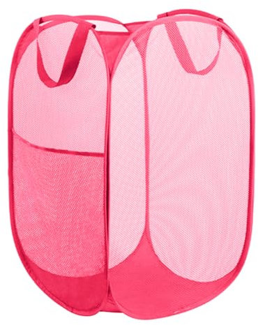 NUZAMAS Panier à linge pliable en maille - Grand panier à linge avec poche latérale - Panier pour vêtements sales avec poignées - Pour salle de bain, chambre à coucher, dortoir - Rose rouge