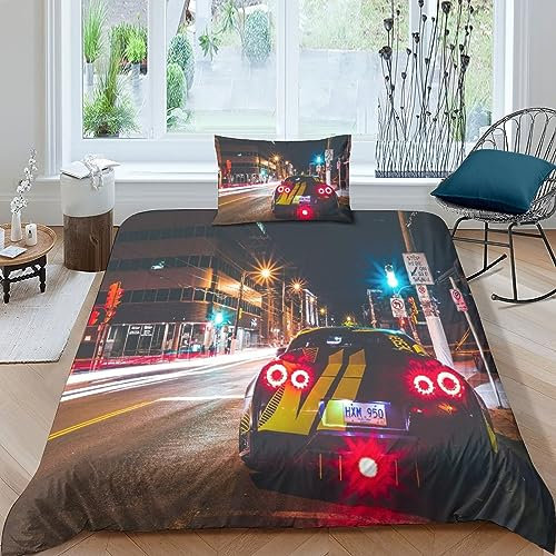 BYTUGI 2 teilig Nissan GT-R Bettwäsche Für Mädchen Junge Kinder Mikrofaser 3D-Druck Bettwäsche-Set Bettbezug Mit Kissenbezüge Geschenk Für Geburtstag Weihnachten Single(135x200cm)