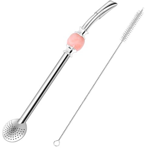 Cannuccia riutilizzabile Bombilla Yerba Mate – Filtro a cucchiaio rimovibile in acciaio inox con una bella perlina – Cannuccia in metallo per bere tè sfuso – include spazzola per la pulizia (rosa)