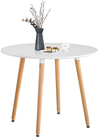 GOLDFAN Runder Esstisch, moderner Hochglanz-Küchentisch mit Massivholzbeinen, 80 cm, kleiner Bürotisch für Esszimmer, Wohnzimmer, Café, Innenmöbel, Weiß, AWS-041-3W