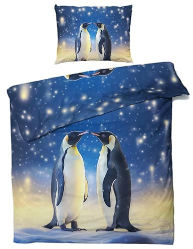QEODAH Winter Bettwäsche 135x200 Pinguin Kinder - Tiere Bettbezug 135 x 200 2er Set - Wendebettwäsche & Kissenbezug 80x80 cm - Weiche Mikrofaser Bettwäsche-Sets mit Reißverschluss