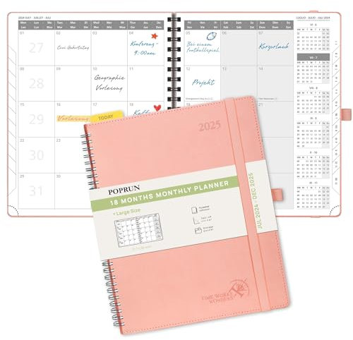 POPRUN Kalender 2025 Monatsplaner A4 (Jul.2024 - Dez.2025) - 18 Monate Monatskalender Ringbuch 26,5 x 21,5 cm - 1 Monat 4 Seiten, Softcover mit PU-Leder, 100 GSM Papier - Rosa