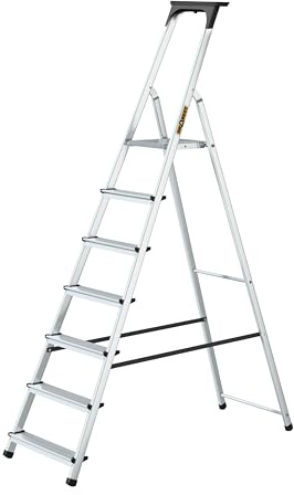 DRABEST 7 Step Ladder Folding - Aluminum Folding Ladder - Lader with a Tool Shelf & Work Platform - Stepladders 7 tread - Capacity 125 KG - Multi-Purpose Ladders - 50x215x11cm
