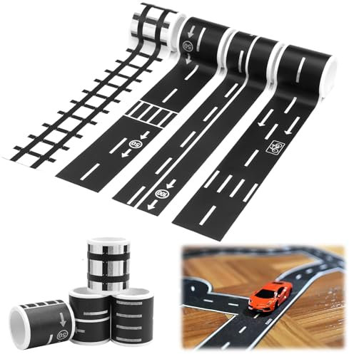 4 Rollen Straße Autobahn Eisenbahn Straßen Klebeband, Schwarzes und Weißes Verkehr Washi Klebeband Dekorative, Selbstklebendes Straßen Klebeband DIY Aufkleber StraßE für Fahrspur für Boden, Wand