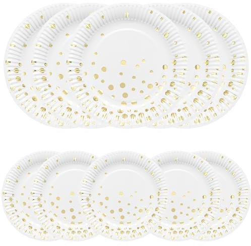 HNH Set di Piatti di carta, Bianco con lamina d'oro 50 pezzi Piatti da cena 23cm con Piatti da dessert 18cm usa e getta per feste