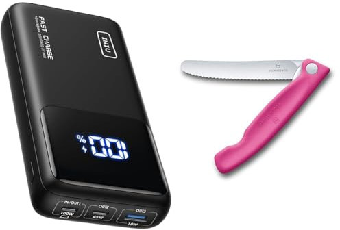 INIU Power Bank, 100W 25000mAh Powerbank & Victorinox, Swiss Classic, Profi Tomaten- und Tafelmesser, Extra Scharfe Klinge, Wellenschliff, 11 cm, Robuster Kunststoffgriff, Rostfreier Stahl, pink