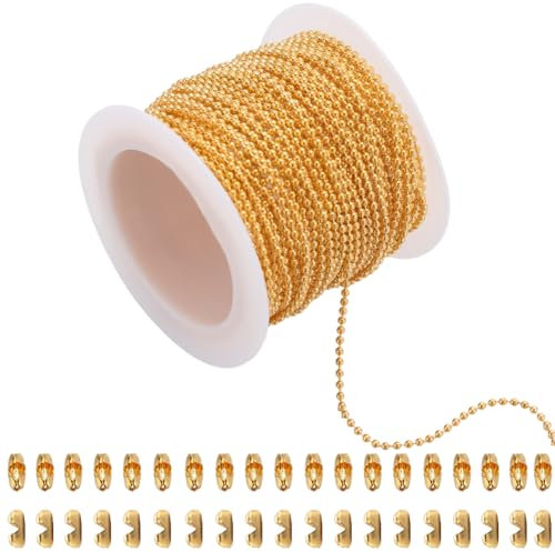 SUNNYCLUE 50Pcs 33 Feet/10m 1.5mm Dog Tag Chains Gold Ball Bead Chain Bulk Roll Metal Brass Golden Pull Extension Key Matching Connectors with Ball Clasps Beaded Chains for jewellery Making DIY Crafts