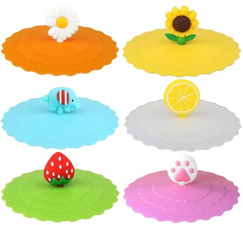 Yiqicomle 6-Piece Silicone Mug Covers - Reusable, Anti-Dust, Leak-Proof, Cute Cartoon Design