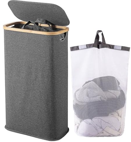 Vencier 60L Slim Laundry Hamper with Lid, Narrow Foldable Laundry Basket with Removable Bag & Bamboo Handles, Thin Dirty Clothes Hamper for Bathroom, Bedroom, Dorm (Grey, 60L)