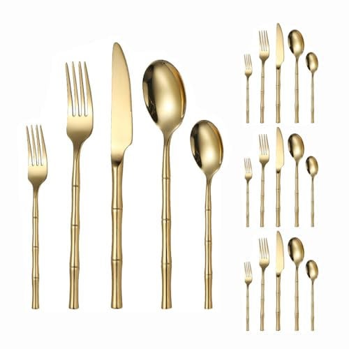 Imitation Bamboo Handle Design Kitchen Stainless Steel Silverware Tableware Flatware Cutlery Set Steak Knife Fork Spoon Teaspoon (Gold,20 Pieces)