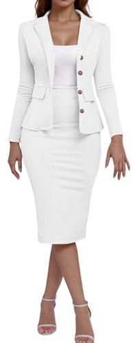 SYDUZAX Ensemble 2 Pièces Femme Blazer Robe Élégante Slim Fit Blanc Veste De Blazer +Jupe Courte Costume Travail Taille Hauts à Revers Avec Boutonné Couleur Unie