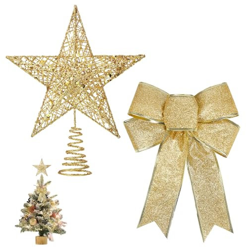AYNKH Gold Small Christmas Tree Topper Glitter Mini Star Tree Topper with Christmas Tree Decorative Bow, Metal Xmas Small Star for Top of Christmas Tree Decorations 20cm/4.7Inch