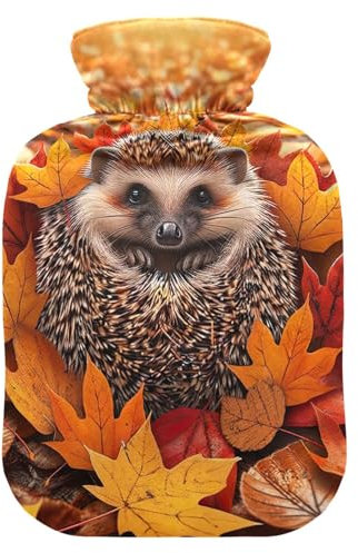 Autumn Leaves Hedgehog Hot Water Bottle with Velvet Cover Hot Water Bag for Hot and Cold Compress, 2 Liters