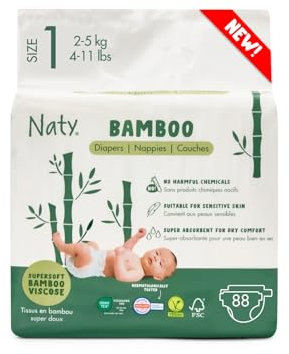 Naty Bamboo Baby Windeln aus Bambus-Viskose – Seidenweich, pflanzenbasierte Windeln, Dermatologisch getestet für empfindliche Haut & super saugstark (Größe 1, 88 Stück)
