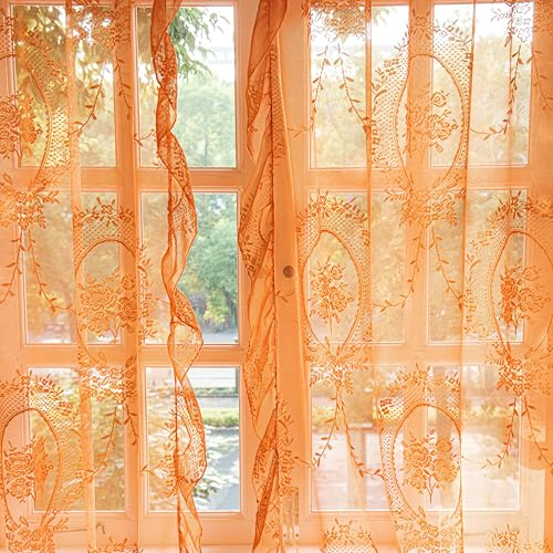 Sutuo Home Burnt Orange Spitzenvorhänge, 244 cm lang, für Schlafzimmer, Wohnzimmer, 2 Paneele, Boho, durchscheinende Rosen-Blumenstickerei, gerüscht, Vintage-Fensterdekoration, 1 Paar, Halloween-Dekor