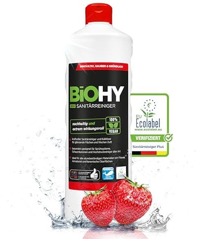BiOHY Sanitärreiniger Plus (1l Flasche) | Kalkentferner Konzentrat für Fliesen, Dusche & WC | EXTRA STARKER Badreiniger gegen Urin, Seifenreste & Schmutz | umweltfreundlich mit EU Ecolabel