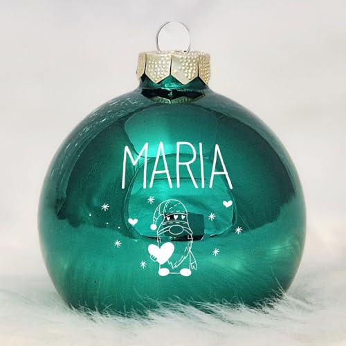 Personalisierte Weihnachtskugel mit deinem Namen und Wunschmotiv, aus Echtglas, 8 cm (05_Grün, Wichtel)